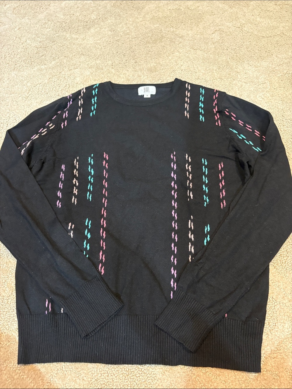 YAL New York Woman’s Black Long-Sleeve Sweater with Multicolor Stitch Detail